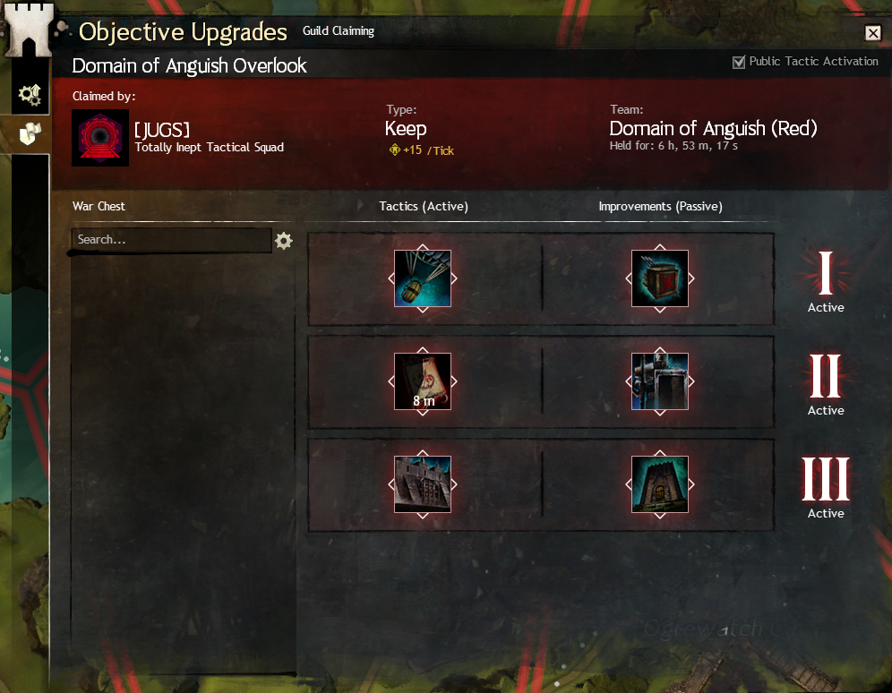 WvW Keep guild claim screen showing tactics and improvements slots